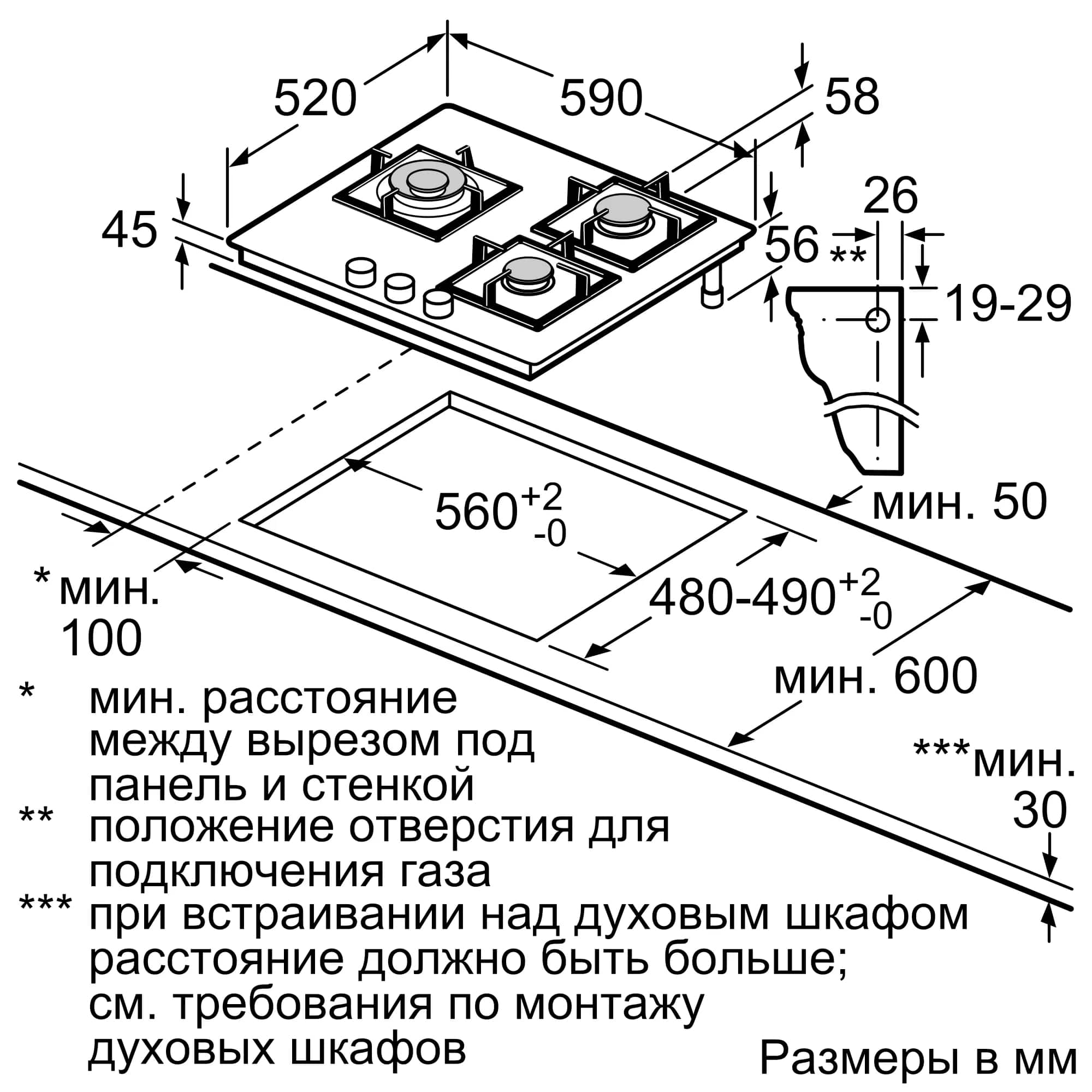 Газовая варочная панель Bosch PPC6A6B20 - схема встраивания 2 для Бош  PPC6A6B20