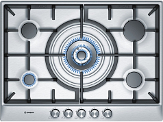 Газовая варочная панель Bosch PCQ 715B90E на 5 конфорки, шириной 70.2 см, нержавеющая сталь
